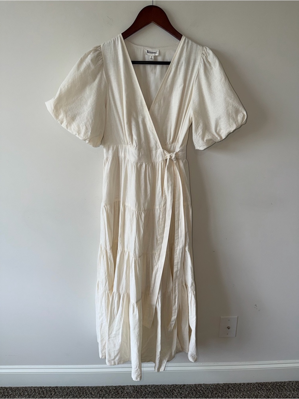 &merci Ivory Cotton Linen Wrap Midi Dress with Puff Sleeves